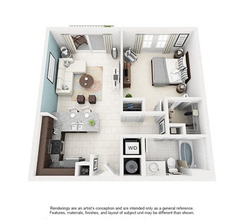 Floor plan for 1 bed, 1 bath, 718 sqft